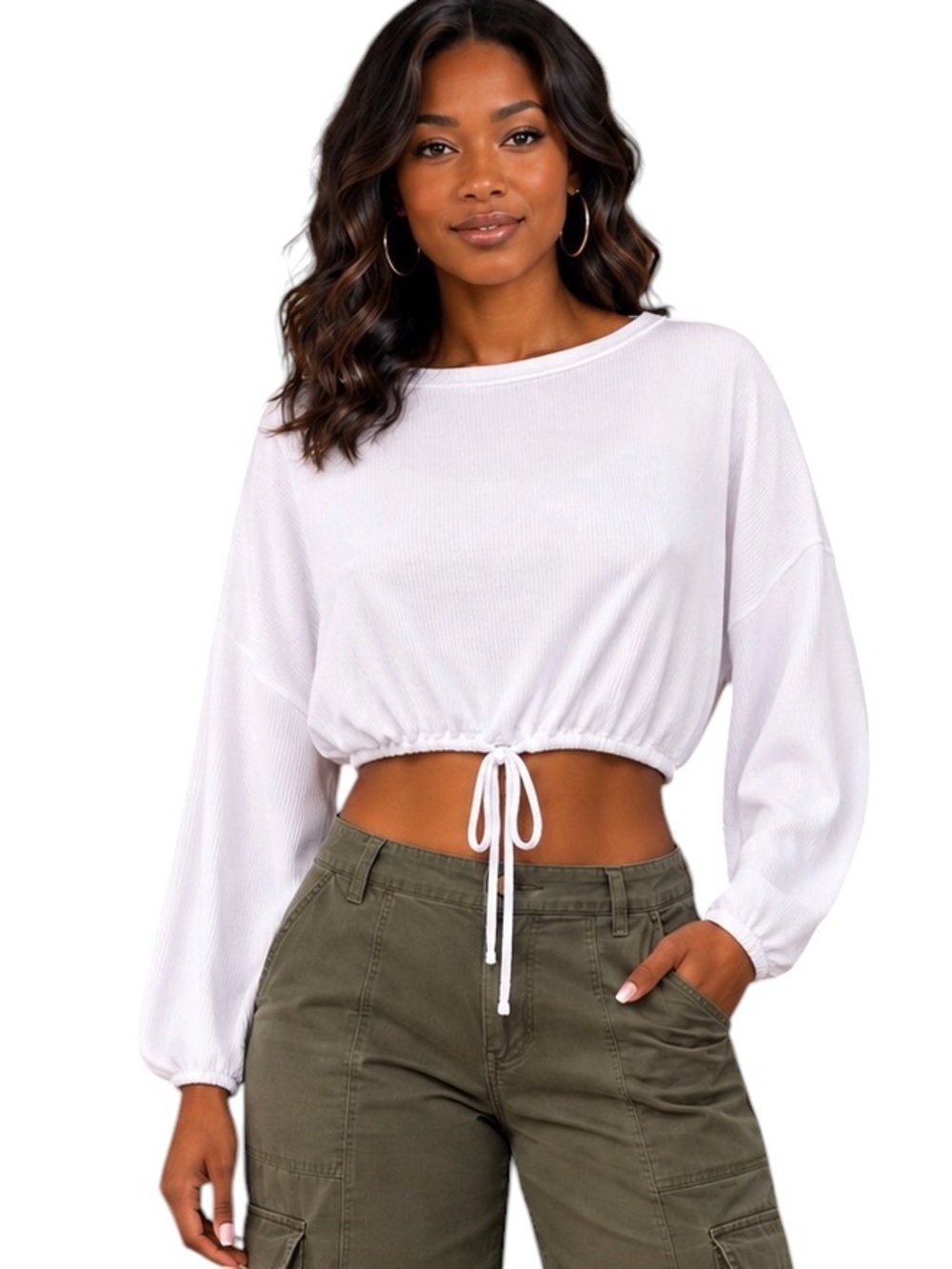 Hashtag in Trend Medium White Cropped Ribbed Shirt Oversized Relaxed Fit